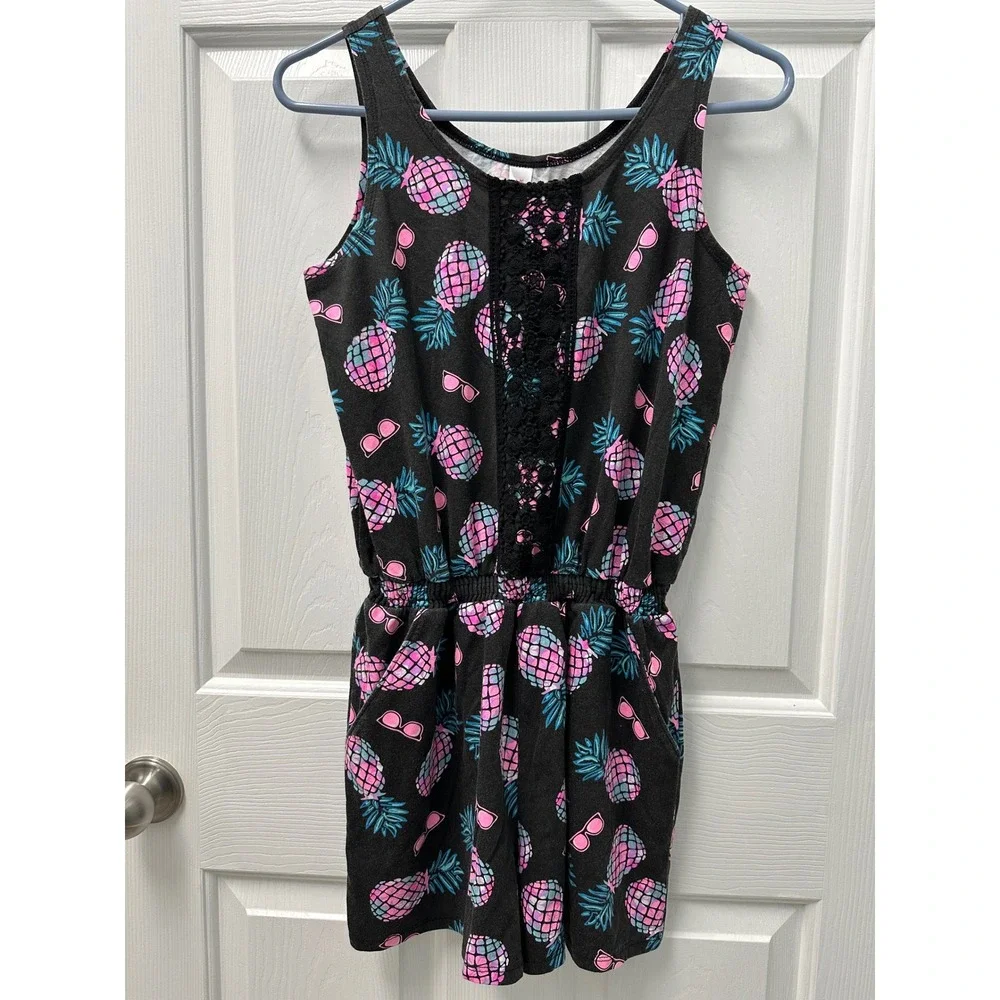 Justice Romper Black Pineapples Eyelet Lace Pinks Blues Size 18 READ
